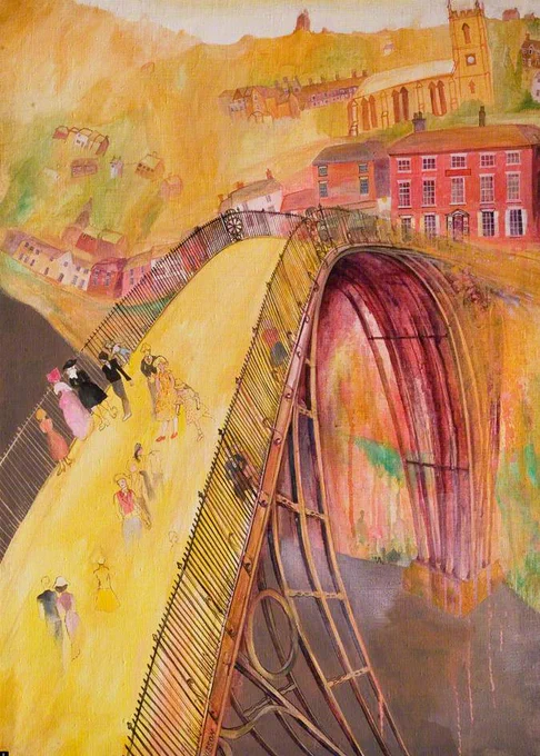 Brightly coloured artwork of a bridge, with a distorted bridge, people walk along it, with buildings on the other side.