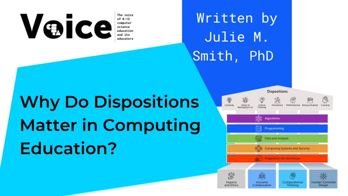 The Voice. Why Do Dispositions Matter in Computing Education? Written by Julie M. Smith, PhD. Image of CS foundational content graphic from the Reimagining CS Pathways report. 