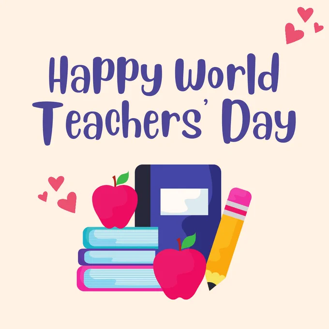 An illustrative poster celebrating World Teachers' Day with the phrase 'Happy World Teachers' Day' in bold purple letters at the top. The image features a stack of three blue books, a red apple, a pink heart, a pencil, and a tablet, all stylized and arranged neatly to symbolize educational tools. The background is a soft beige, decorated with smaller pink hearts floating around.