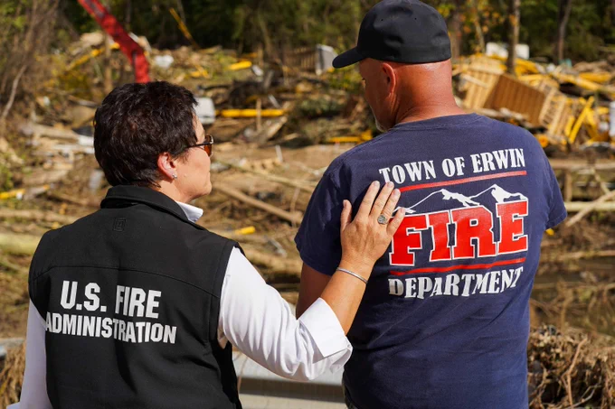 Dr. Lori Moore-Merrell, U.S. Fire Administrator, working closely with members of the Town of Erwin Fire Department to coordinate and assist with Helene disaster clean-up in Tennessee.
