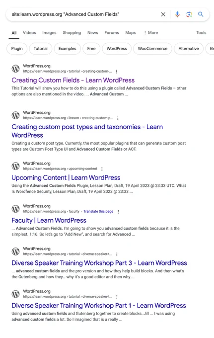Google search results for site:learn.wordpress.org "advanced custom fields"