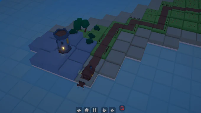 A screenshot from the game Mini Worlds. It depicts a bit of land almost surrounded by the sea. A road leads from the main land to a little house with a dock. A tower is standing on a rocky cliff.