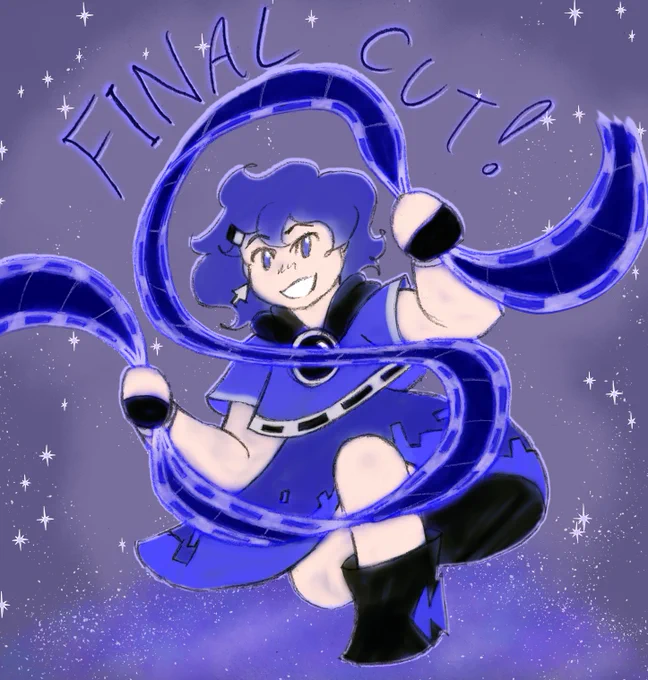 Image of Indigo's magical girl form holding a glowing magical film reel in her hands, smiling at the camera. Her skirt and hair flutters and the title for her finishing move 'Final Cut' floats above her head. She is of course surrounded by magic sparkles.