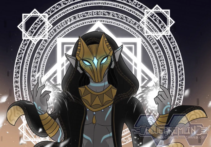 Image shows a man with an anubis-themed mask, wielding silver magic in each hand. His clothes flowing in the breeze created by the energy of the runic circle behind him.