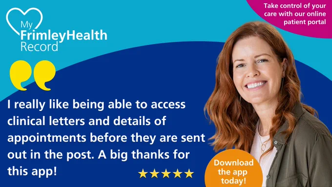 Advertisement for the My Frimley Health Record app featuring a smiling person with text praising the app's ability to access clinical letters and appointment details, and a prompt to download the app today. The graphic includes a five-star rating.