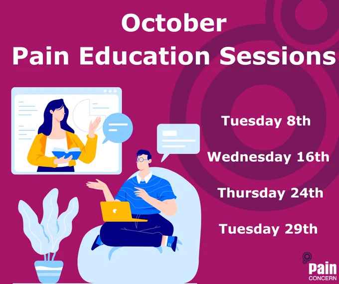 October Pain Education Sessions
Tuesday 8th
Wednesday 16th
Thursday 24th
Tuesday 29th