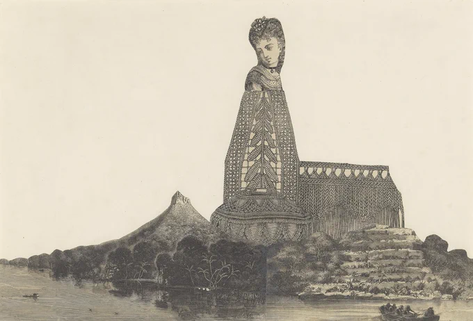 Black and white collage of a landscape with water and a mountain, on top of the bank is a women's head attached to a patterned building structure.