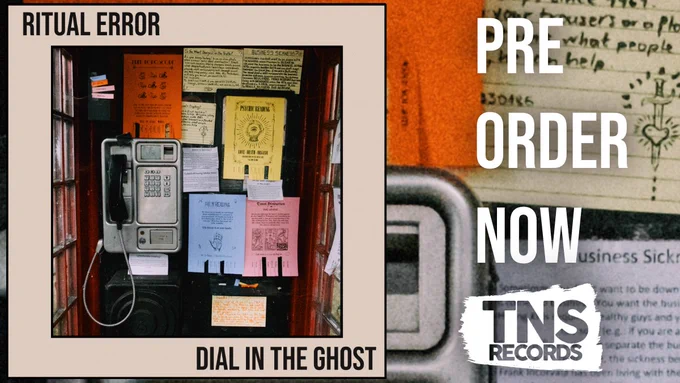 An image of the album cover for Dial in the Ghost (description: the inside of a London phone box), with text to the right that says 'Pre Order Now from TNS Records).