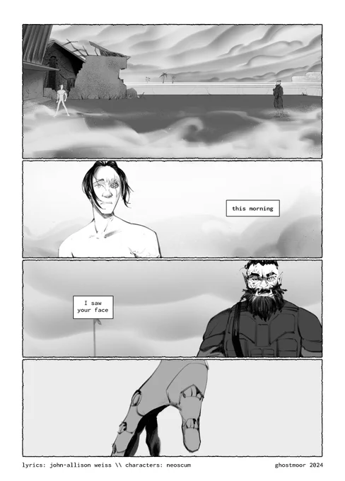 comic page: Zenith and Amon stand across from each other outside the partially-destroyed Legacy of Adam facility. the sky is overcast, and dust blows around them. lyrics read: "this morning, I saw your face".