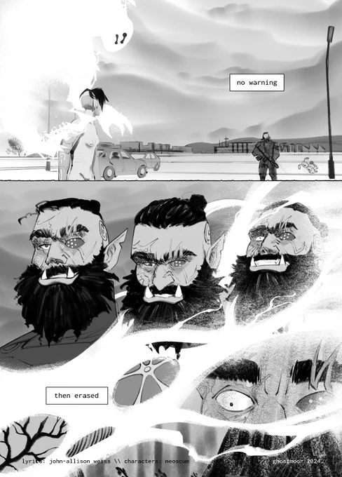 comic page: an angled shot of Zenith and Amon facing off against each other in the parking lot. Zenith's matrix avatar is manifesting. Amon's smirk changes to a look of surprise/pain as Zenith bagins to hack his cybernetics. lyrics read "no warning, then erased"