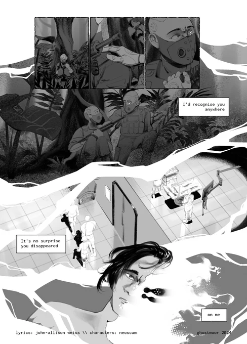 comic page: Zenith, as a child, huddles against a tree in a dark forest, clutching a rifle. someone places their hand on hir shoulder; ze turns and sees that it's Amon. below, in the future, Amon walks through a Legacy of Adam facility, while behind closed doors technicians are preparing to wipe Zenith's memory. The final shot is Zenith's face, split in half with hir Matrix avatar's face. lyrics read: "I'd recognise you anywhere / it's no surprise you disappeared / on me"