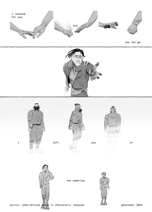 comic page: Zenith's hand is seen reaching for Amon's; Amon's pulls away. camera zooms out to show Zenith, now an adult, reaching out desperately. at a distance, Amon looks at hir, turns away and walks into the void. Zenith pulls hir hand back defeatedly as the camera zooms back. lyrics read: "I reached for you, but you let go / I left you in the undertow"