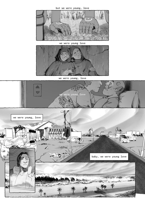 comic page: Zenith's hand is seen reaching for Amon's; Amon's pulls away. camera zooms out to show Zenith, now an adult, reaching out desperately. at a distance, Amon looks at hir, turns away and walks into the void. Zenith pulls hir hand back defeatedly as the camera zooms back. lyrics read: "I reached for you, but you let go / I left you in the undertow"