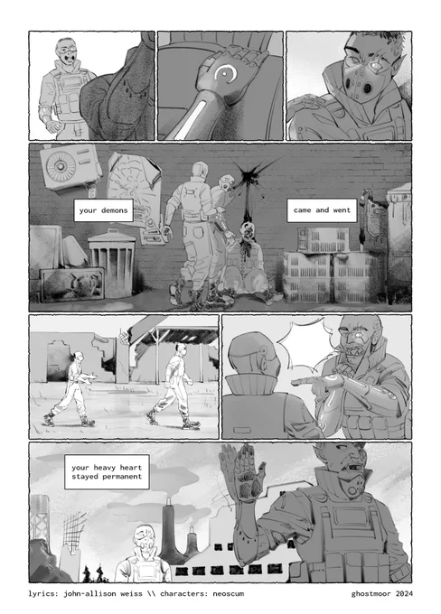 comic page: Zenith, as a young teen, approaches Amon from behind and places a hand on his shoulder. he turns around to reveal a single, violently-murdered/mutilated corpse against the wall. he is seen walking away against a backdrop of partially destroyed/dilapidated buildings, with Zenith trying to reason with him. He turns around, pulls down his face mask to shout at Zenith, then turns and keeps walking away, dismissing Zenith. lyrics read: "your demons came and went / your heavy heart stayed permanent"