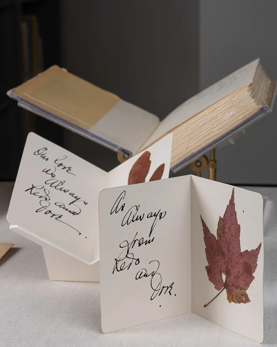 Photograph of two notecards with greetings on one side and dried red maple leaves on the other. In the background is a large book. 
