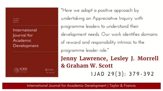 IJAD logo and a quote from an article by Jenny Lawrence, Lesley J. Morrell & Graham W. Scott: "Here we adopt a positive approach by undertaking an Appreciative Inquiry with programme leaders to understand their development needs. Our work identifies domains of reward and responsibility intrinsic to the programme leader role." 