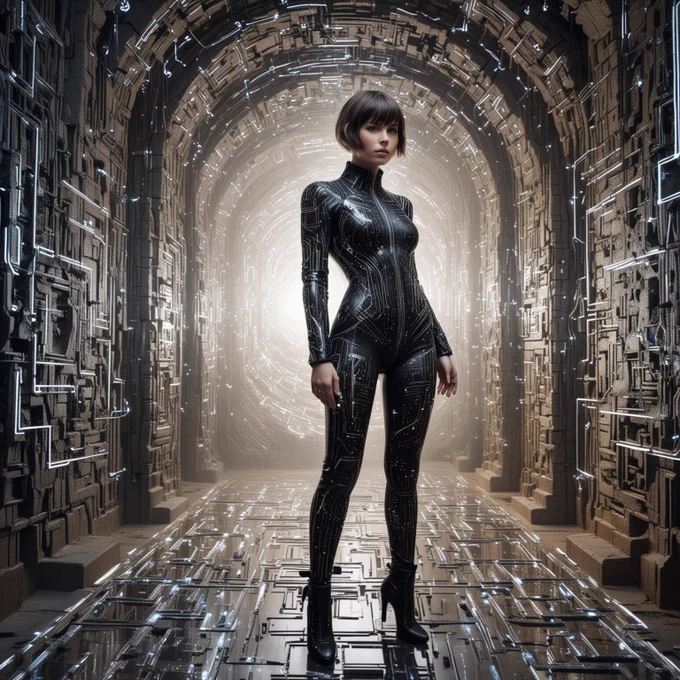 an interpretation of a cyborg woman (brunette short hair) is wearing a black and transparent electronic suit made of electronic pieces intertwined with white light, floating particles of light around, standing in the middle of a futuristic labyrinth (beautiful labyrinth with tall walls made of stars) with a galaxy in the background, in the style of surrealism