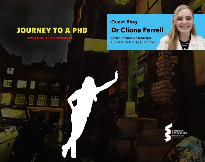 
The image shows a promotional graphic for a guest blog titled "Journey to a PhD: A Week in the Life of a PhD Student" by Dr Clíona Farrell, a Postdoctoral Researcher at University College London. The background is a dark, nighttime urban scene, featuring an alley with buildings lit by streetlights. A silhouette of a person leaning against a wall is prominently featured in the foreground. In the top right corner, there is a picture of Dr Clíona Farrell smiling, along with the title and her affiliation. The Dementia Researcher logo appears in the bottom right corner.