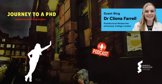 The image shows a promotional graphic for a guest blog titled "Journey to a PhD: A Week in the Life of a PhD Student" by Dr Clíona Farrell, a Postdoctoral Researcher at University College London. The background is a dark, nighttime urban scene, featuring an alley with buildings lit by streetlights. A silhouette of a person leaning against a wall is prominently featured in the foreground. In the top right corner, there is a picture of Dr Clíona Farrell smiling, along with the title and her affiliation. The Dementia Researcher logo appears in the bottom right corner.