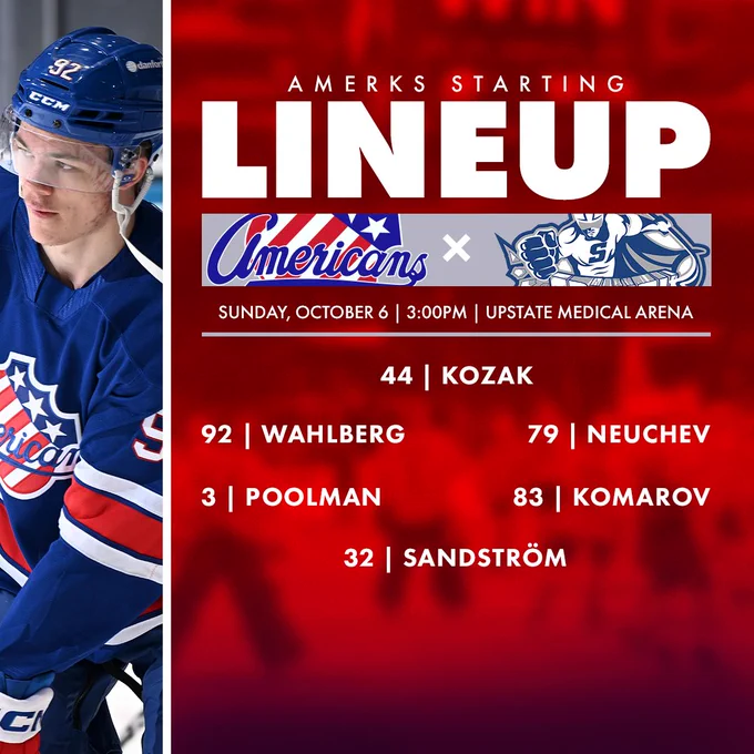 A starting lineup graphic, featuring a photo of Anton Wahlberg in a blue Amerks jersey on the left, and the following details on the right:

Amerks Starting Lineup
Rochester Americans x Syracuse Crunch
Sunday, October 6 | 3:00PM | Upstate Medical Arena

Wahlberg | Kozak | Neuchev
Poolman | Komarov
Sandström