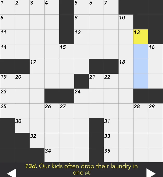 Clue for 13-Down: Our kids often drop their laundry in one (4 letters)