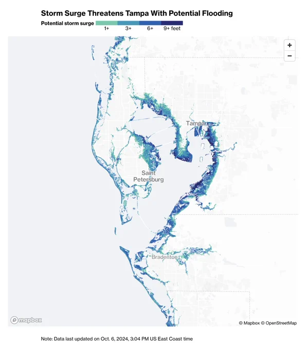 A map of Tampa Bay showing potential storm surge (inundation map) in tones of blue and turquoise, representing 1 , 3 , 6  and 9  feet of storm surge above ground level. There was 9  feet portions across the bay in this forecast, as of 3pm on October 6.