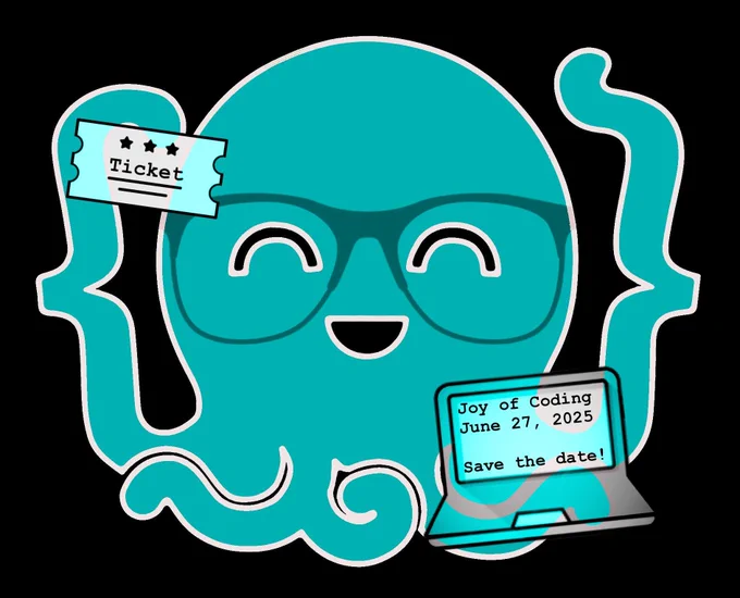 The 2025 Joy of coding logo; octo holding a ticket and a computer with the screen with the date 27-06-2025