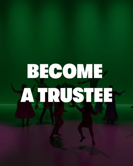 A graphic that reads 'BECOME A TRUSTEE' over an image of people dancing on stage with pink and green lighting