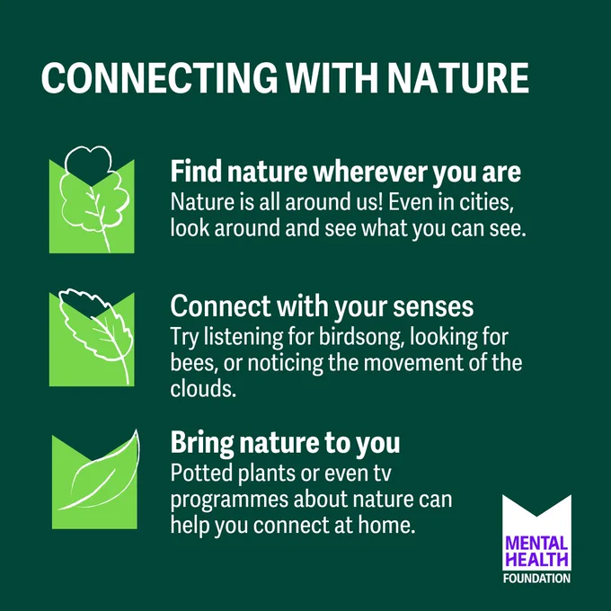 Graphic with text:
Find nature wherever you are. 
Nature is all around us! Even in cities, look around and see what you can see! 

Connect with your senses. 
Try listening for birdsong, looking for bees, or noticing the movement of the clouds. 

Bring nature to you. 
Potted plants or even tv programmes about nature can help you connect at home. 
