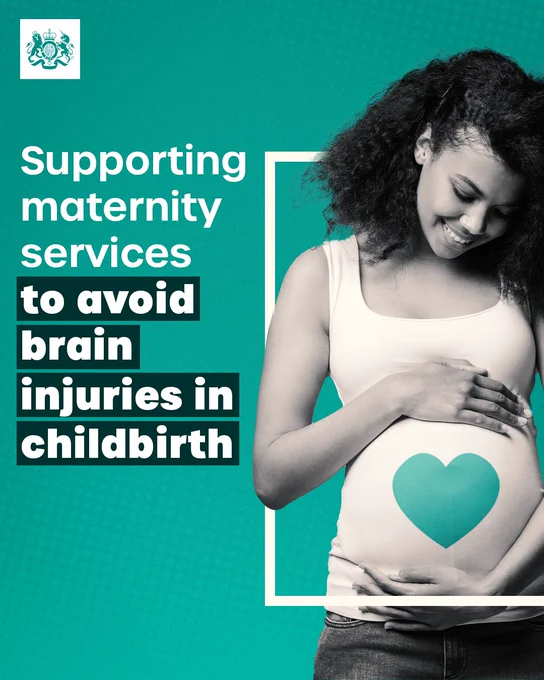 A graphic featuring an image of a pregnant woman smiling and holding her baby bump. A text overlay reads 'Supporting maternity services to avoid brain injuries in childbirth'.