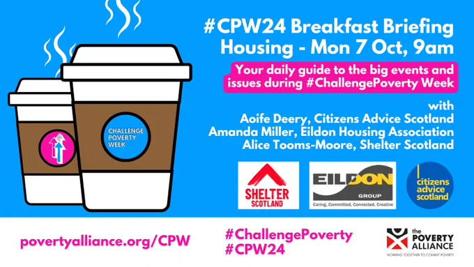 Two paper coffee cups with the Challenge Poverty Week logos. 