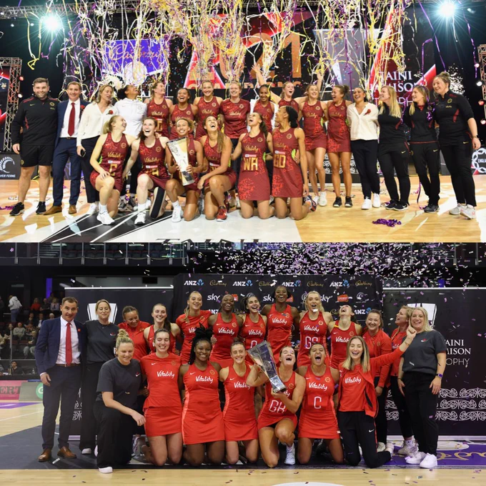 A photo of the Vitality Roses team which won the Taini Jamison Trophy in 2021 above a photo of the 2024 winning team