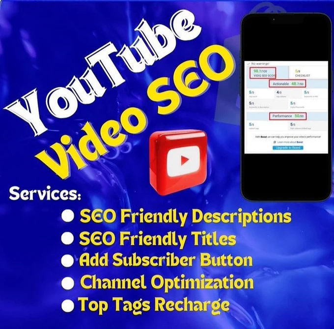 Looking for an expert to boost your YouTube channel’s performance? I’m here to help! With years of experience in YouTube SEO and digital marketing, I provide a free consultation to assess your needs and grow your audience effectively.

Here’s What I Can Do For You:

1. Comprehensive Keyword Research – Unlock top-performing keywords and titles tailored to your niche.

2. SEO-Optimized Titles & Descriptions – Crafted to attract clicks and improve rankings.

3. Stunning Logo & Banner Design – Ensure your channel stands out with professional visuals.

4. Channel SEO & Description Setup – Optimize your channel to increase discoverability.

5. Full Channel Optimization – Maximize your channel’s potential with expert strategies.

6. Advanced YouTube Video SEO – Optimize each video for greater visibility and engagement.

With my expert SEO and marketing services, you'll see real growth in your channel's views, subscribers, and overall reach.