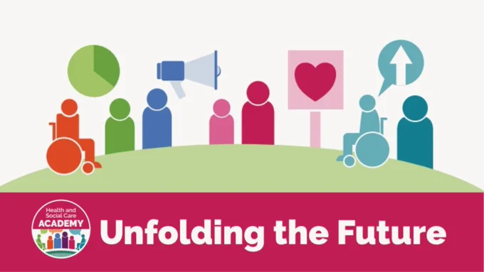 A graphic of people on a hill with a placard, a megaphone, a graph and an upward arrow, with the title: Unfolding the future. 