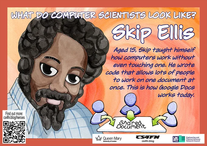 Poster of Skip Ellis with people working on a shared document