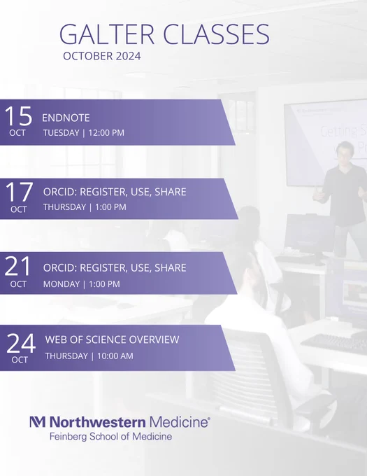 EndNote - Tue, October 15 12:00 PM CDT at Online (Zoom)

ORCID: Register, Use, Share - Thu, October 17 1:00 PM CDT at Online (Zoom)


ORCID: Register, Use, Share - Mon, October 21 1:00 PM CDT at Online (Zoom)

Web of Science Overview - Thu, October 24 10:00 AM CDT at Online (Zoom)

PubMed - Thu, October 24 12:00 PM CDT at Online (Zoom)

10 Simple Rules for Data Cleaning with Excel - Wed, October 30 10:00 AM CDT at Online (Zoom)

Conducting Systematic and Scoping Reviews: Search Development and Documentation - Part 2 - Wed, October 30 12:00 PM CDT at Online (Zoom)

ORCID: Register, Use, Share - Thu, October 31 1:00 PM CDT at Online (Zoom)