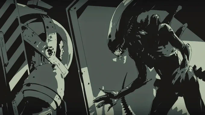 Official Alien: Isolation concept artwork showing the xeno facing down Ripley in black and green-grey tones.
