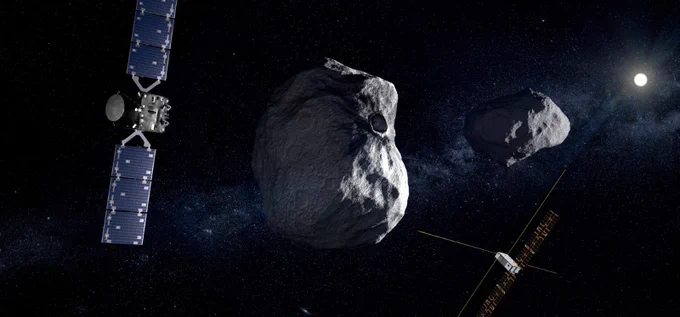 Image shows an artist's impression of the Hera 'CubeSats' and their rocky target destination pillars. Credit: ESA
