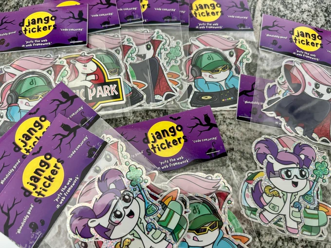 A variety of cool stickers featuring the Django pony