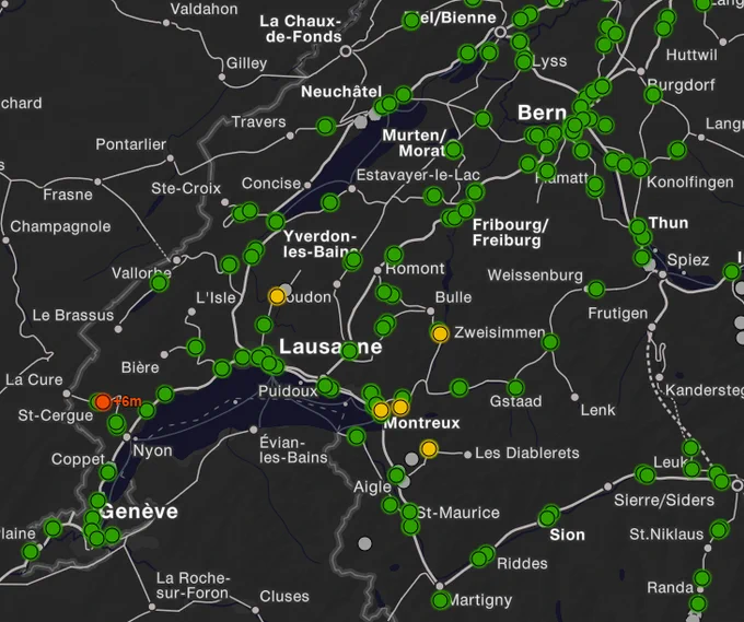 Carte en temps réel de la ponctualité des trains suisses