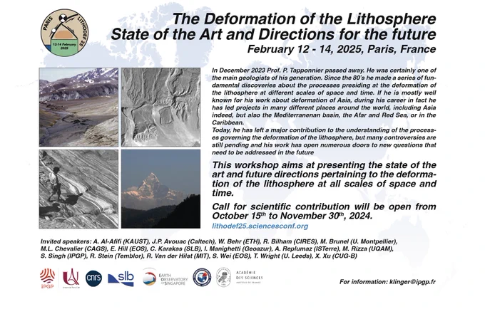 Flyer announcing the workshop "The deformation of the lithosphere, state of the art and directions for the future". It shows 4 photos illustrating tectonic objects at different scales, and on the right a text that explains the reason of the workshop and summarizes its organization.
