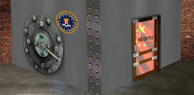 A stainless steel, riveted cubic vault. On one face is a giant vault door surmounted by the FBI logo. On the other face is a rusty screen door with the words NO ENTRY on it; through the screen we see a Chinese flag.

Image:
Kris Duda, modified
https://www.flickr.com/photos/ahorcado/5433669707/

CC BY 2.0
https://creativecommons.org/licenses/by/2.0/
