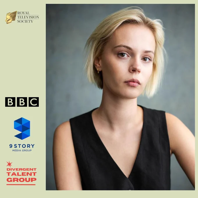 The image features a young woman with short blonde hair, wearing a black sleeveless top. She looks directly into the camera with a neutral expression against a muted, blue-grey background. The left side of the image displays logos for the Royal Television Society, BBC, 9 Story Media Group, and Divergent Talent Group. The background of the image is a soft, pale green.