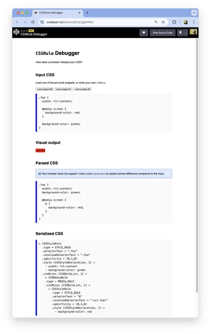 Screenshot of Chrome 129, which does not have CSSNestedDeclarations support.