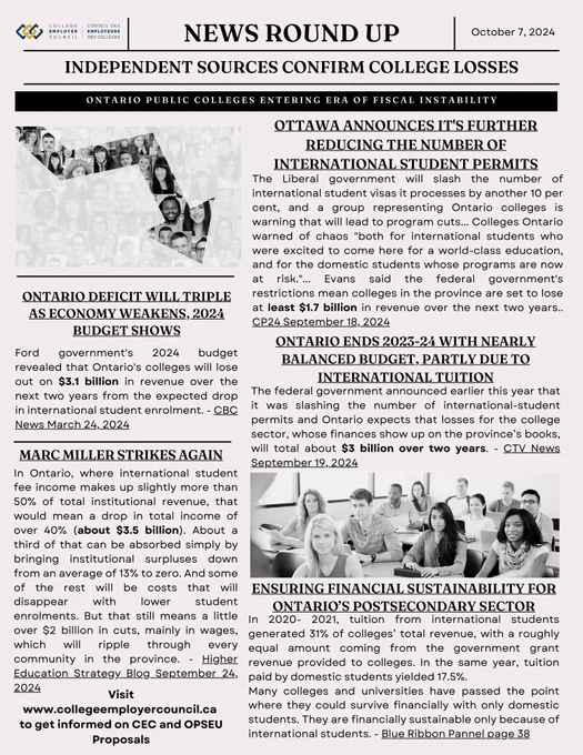 News Round up. Independent sources confirm college losses. ontario public colleges entering era of fiscal instability. Click the link for news sources, excerpts, and links to articles.