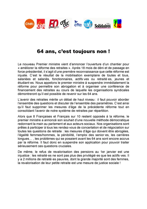 Capture d'écran du communiqué de presse intersyndical. Une version complète accessible est disponible au lien dans le tweet.