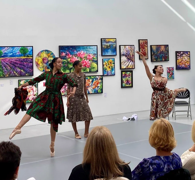 The picture shows three dancers from Black British Ballet performing Island Movements.
