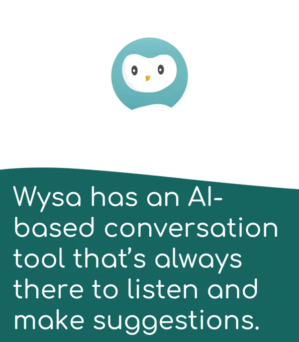 The Wysa logo: a cartoon penguin. Text says: Wysa has an AI-based conversation tool that’s always there to listen and make suggestions.