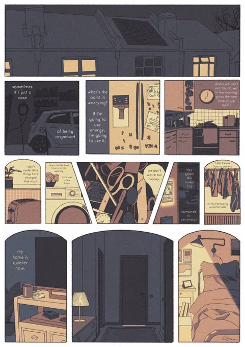 A cartoon strip showing household devices that use energy - an electric car, fridge, toaster, washing machine - at night, with a solar panel on the top of the dark roof. The captions read 'sometimes it's just a case of being organised. What's the point in worrying? If I'm going to use energy, I'm going to use it. Shame we can't eat this at two in the morning given the new time-of-use tariff! I don't really think things have changed that much. Now's not the best time to do teh washing. Let's wait a few hours. We don't waste our money. Hey great! We saved 57p compared to yesterday! I don't know how to use less without becoming uncomfortable. My home is quieter now.'
