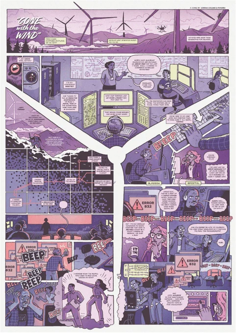 A large cartoon strip about wind power, with a wind turbine at the centre dividing up three sections. The comic strip tells a story of a mysterious breakdown in the power grid where workers in a futuristic control room operate their systems using AI, robots, and sensor-based predictions.